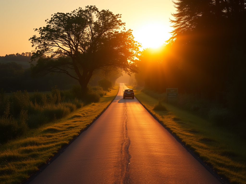 דרך-עם-שמש-בשקיעה-רגוע-ועם-אוטו-אחד
